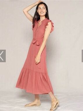Outerknown Ruffle-Sleeve Maxi Dress in Dusty Rose NWT